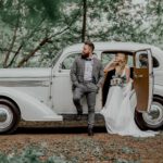 The,Bearded,Groom,And,Beautiful,Bride.,Retro,Car.